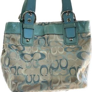Gray and teal coach purse